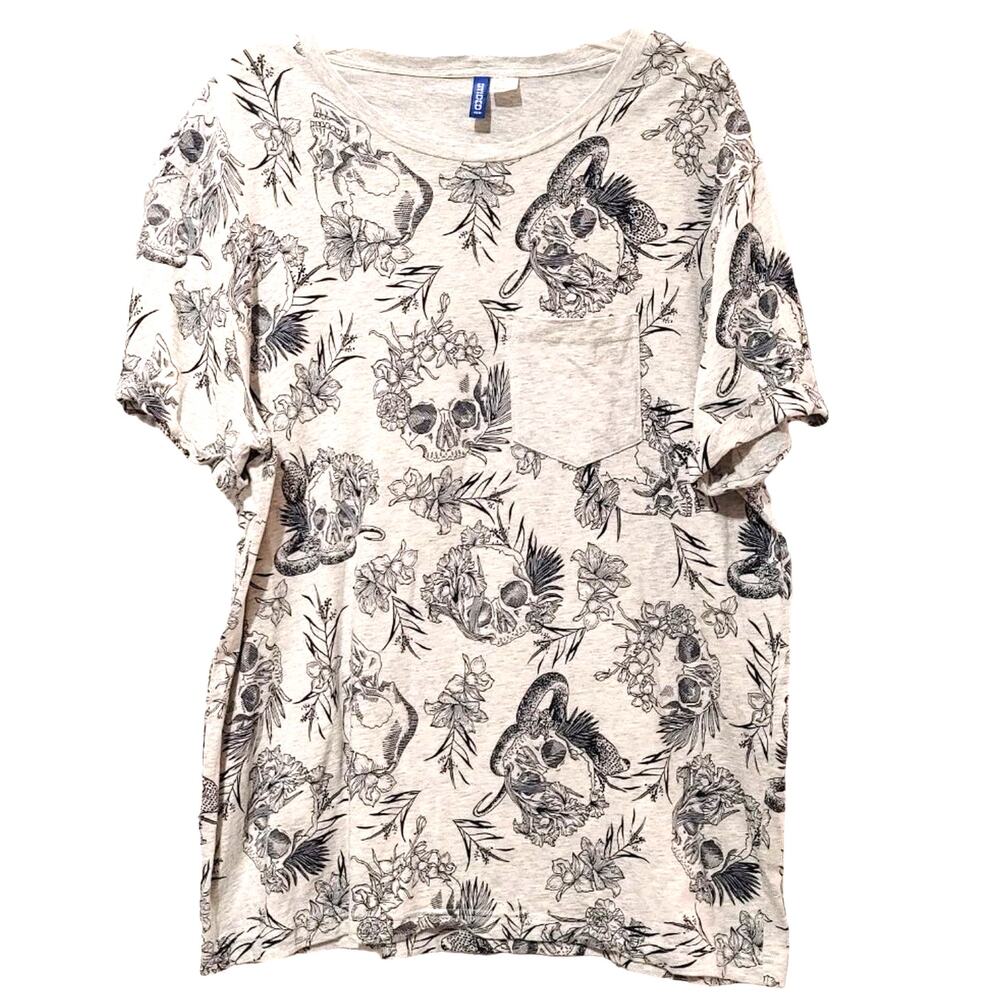 Divided H&M All Over Print Skull Snake Graphic T-Shirt Short Sleeve Gray Mens XL